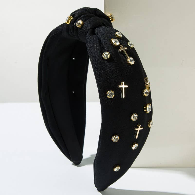 Cross and Crystal Embellished Knot Headband (Black and White Options)