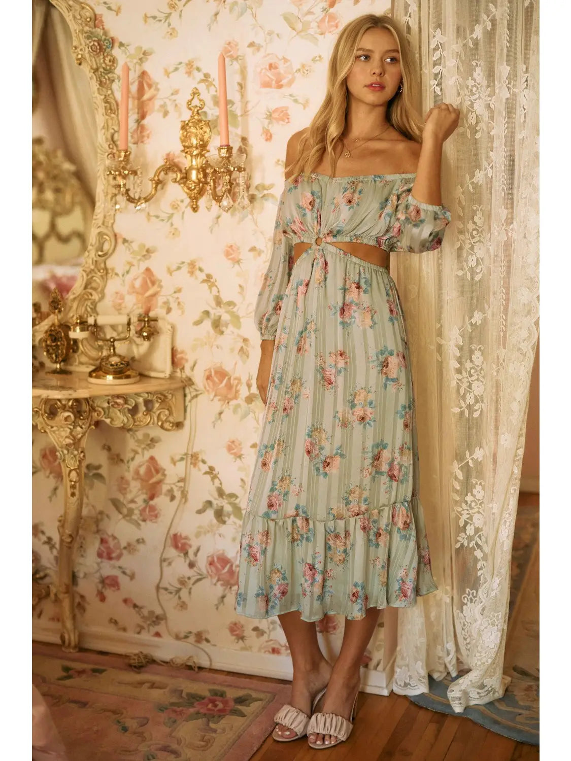 Floral Off Shoulder Chiffon Cut Out Dress