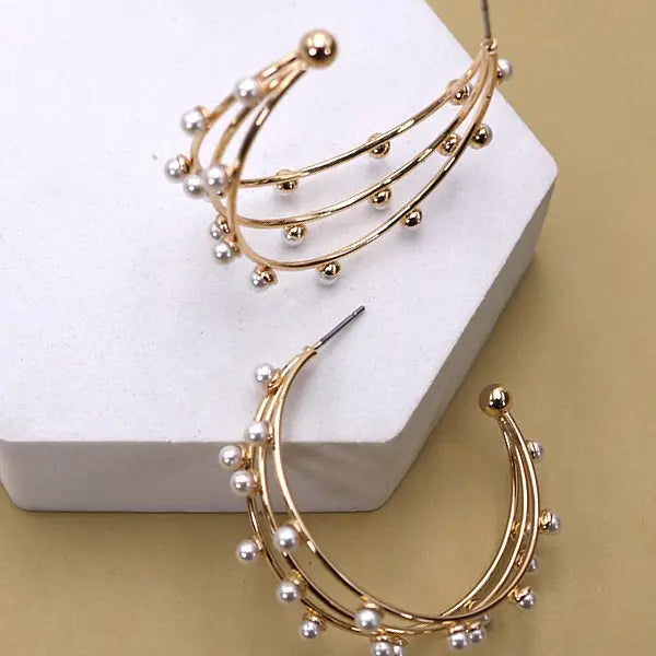 Gold Triple Row Wire Pearl Hoop Earrings