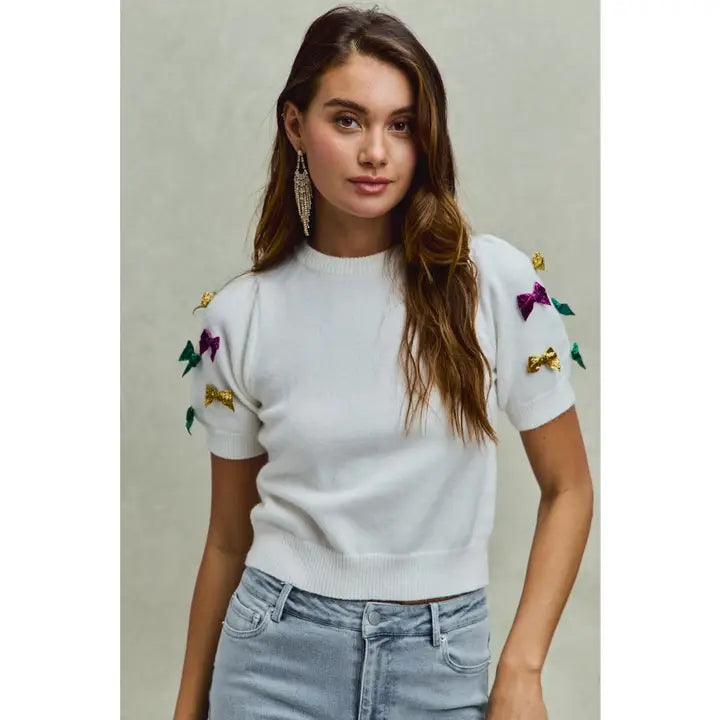 Mardi Gras Glitter Bow Sleeve Sweater Top