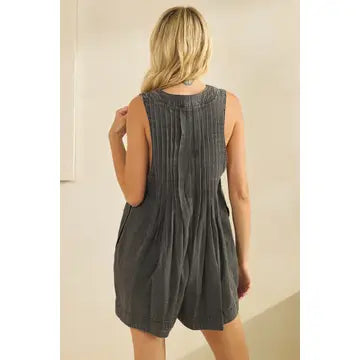 Black Wash Denim Romper w/ Pearls