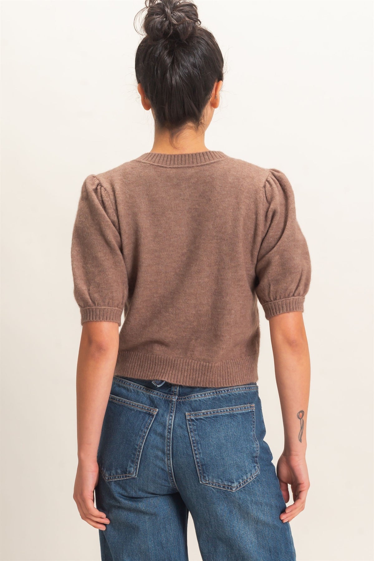 Button Front Puff Short Sleeve Cardigan