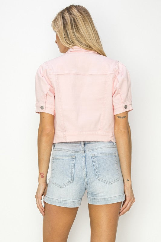 Short Sleeve Crop Pink Denim Jacket
