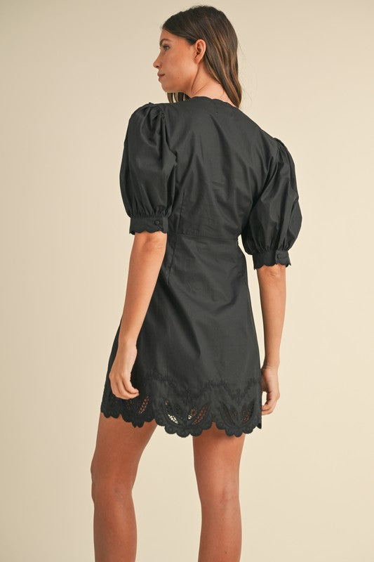 Black Puff Sleeve Dress with Lace Tie Top