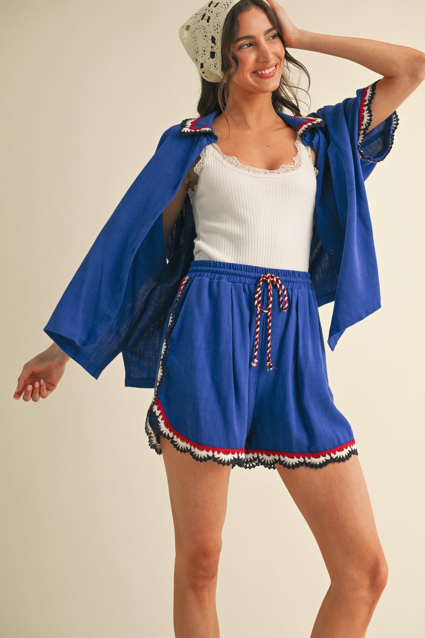 Blue Crochet Trimmed Linen Shirt & Short Set