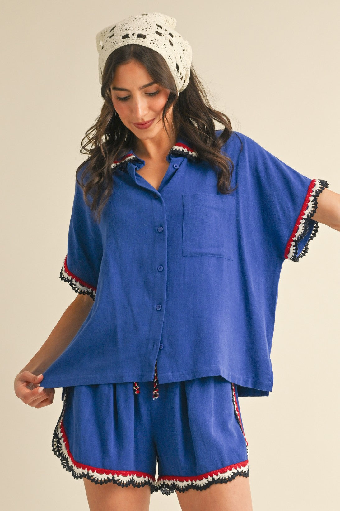 Blue Crochet Trimmed Linen Shirt & Short Set