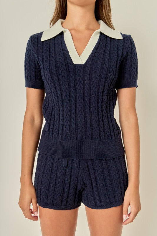 Navy Polo Knit Top