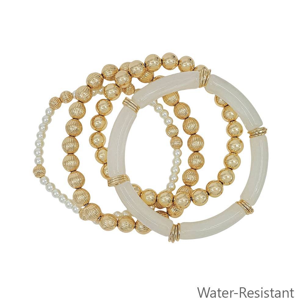 Water Resistant Set of 4 White Resin, Gold & Pearl Beaded Stretch Bracelets