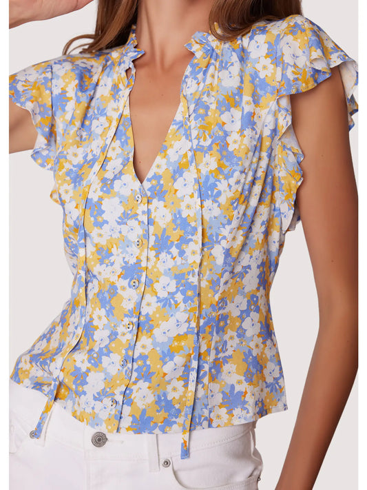 Light Blue Ruffle Button Down V-Neck Blouse