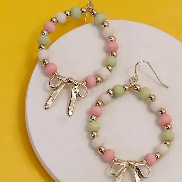 Pastel Wood Bow Ribbon Drop Earrings