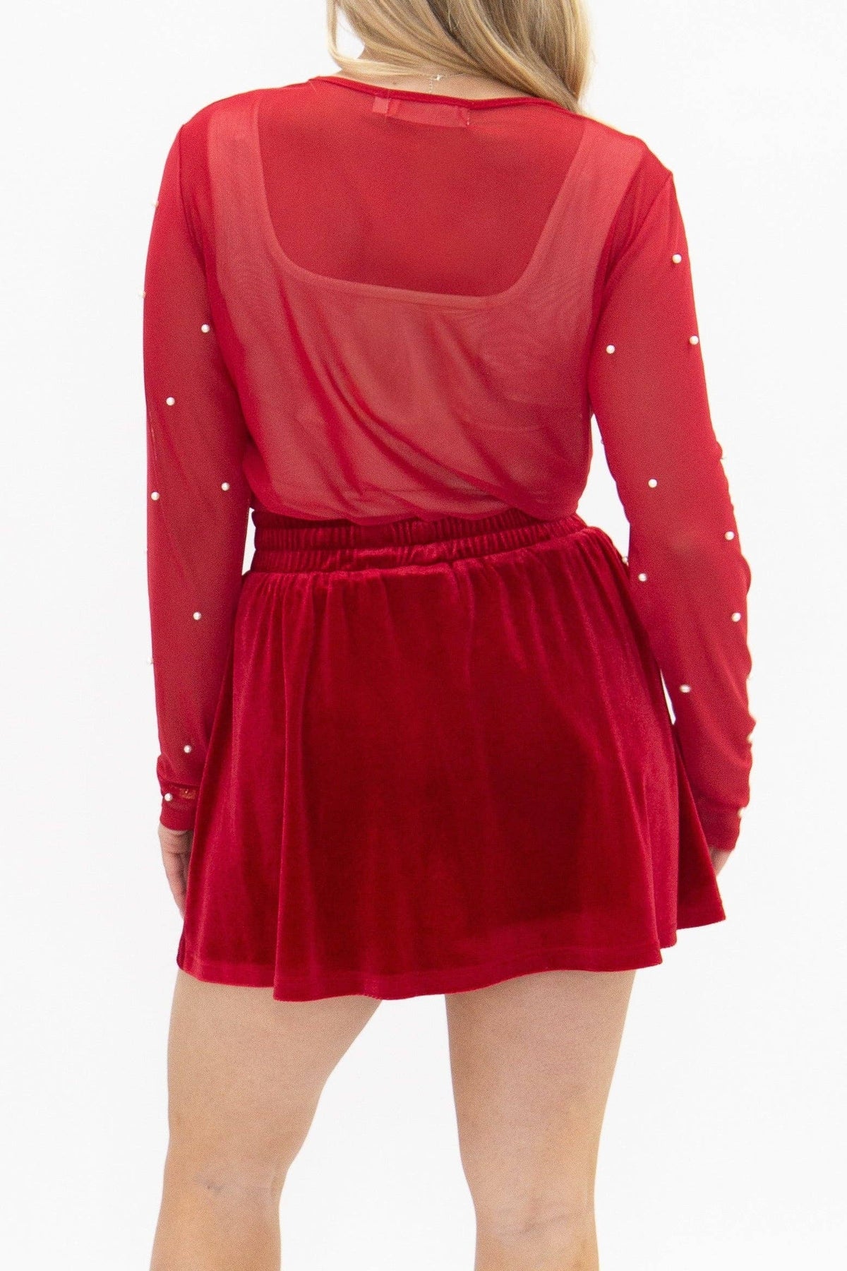 Red Velvet Skort with Pearl Details