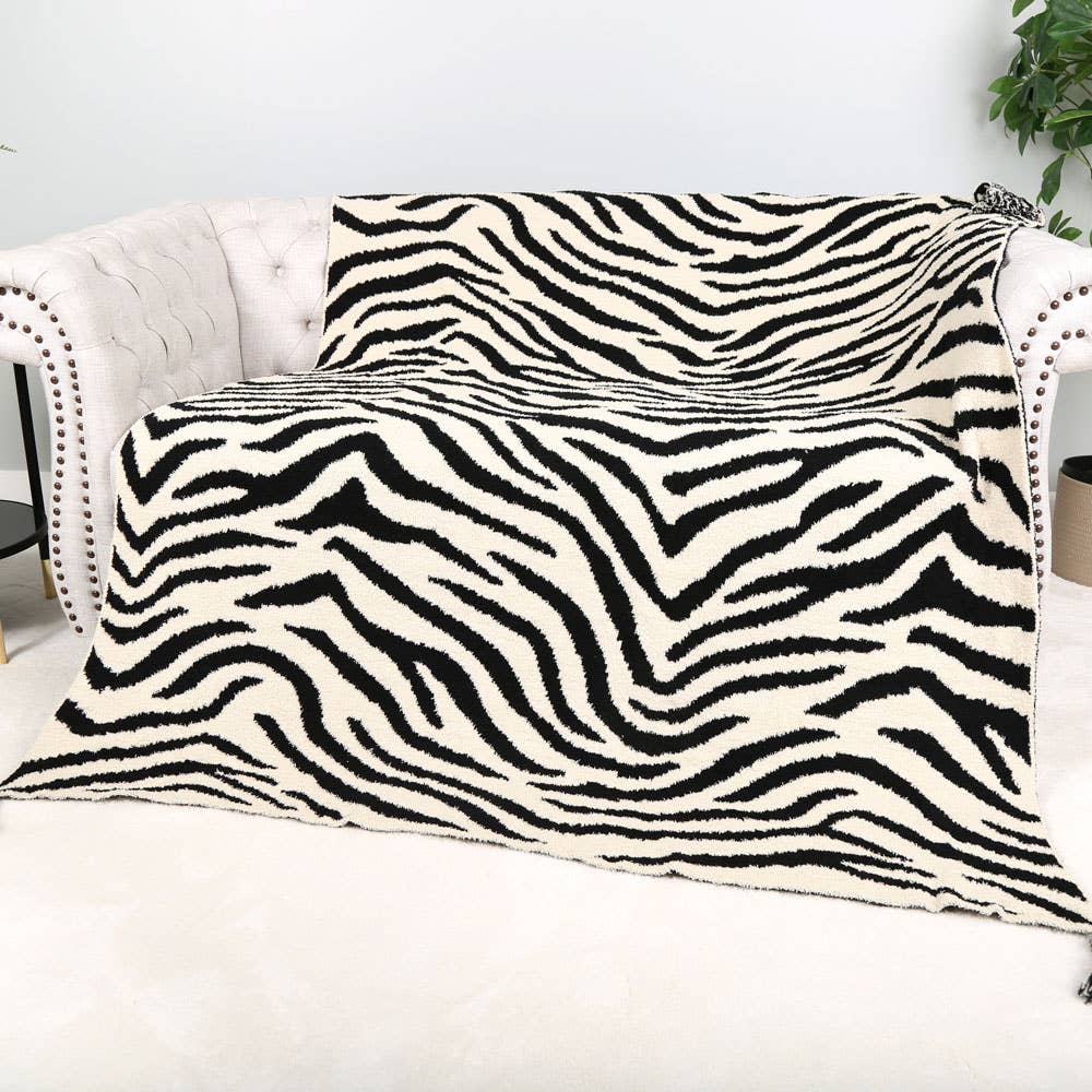 Zebra Print Throw Blanket With Tassel