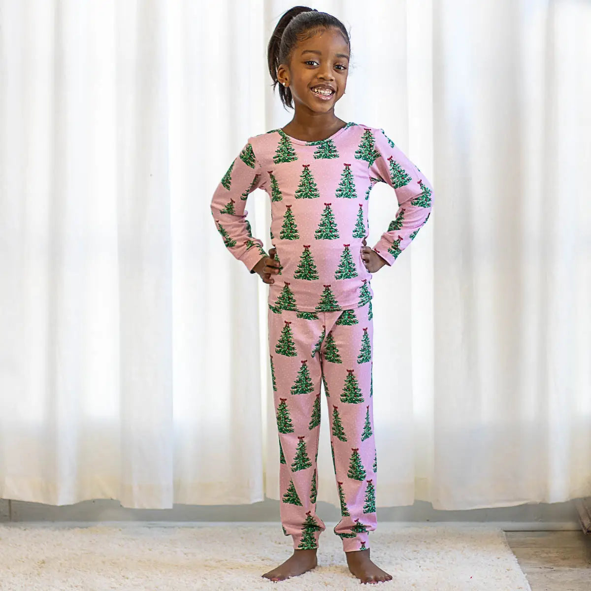 Kid's Noelle Tree Long Sleeve Pajamas Light Pink