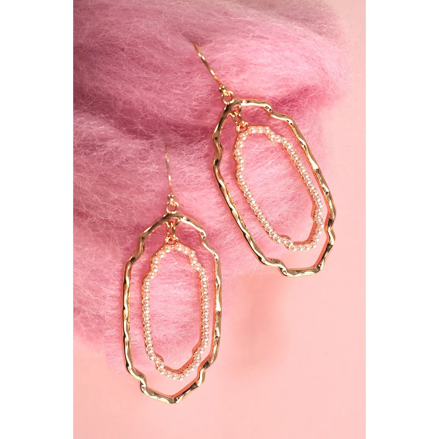 Gold Double Oval Pearl Hammered Drop Earrings