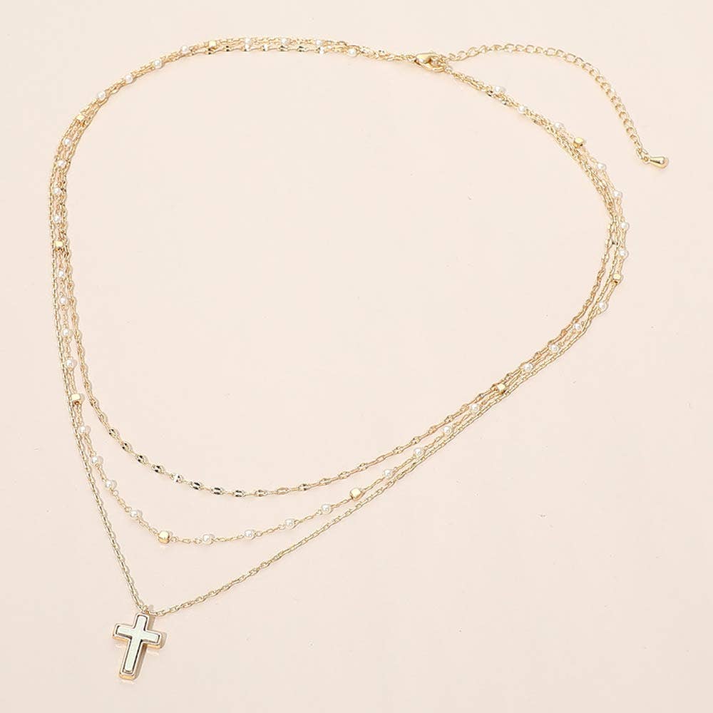 Cross Pendant Accent Pearl Layered Chain Necklace