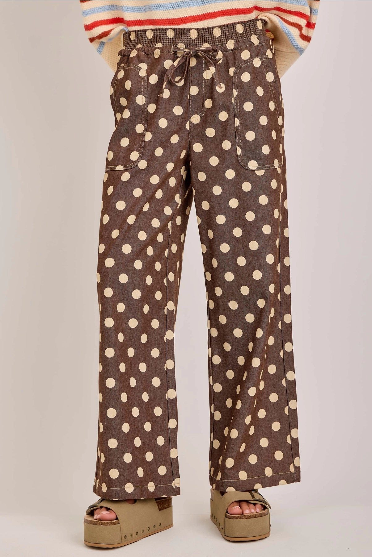 Relaxed Wide Leg Soft Polka Dot Drawstring PANTS