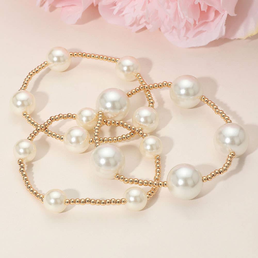 3PCS - Chunky Pearl Accent Metal Ball Beaded Stretch Multi Layered Bracelets