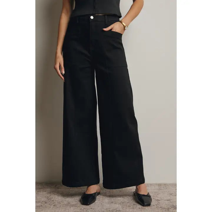 Wide Leg Stretch Denim Black Jeans
