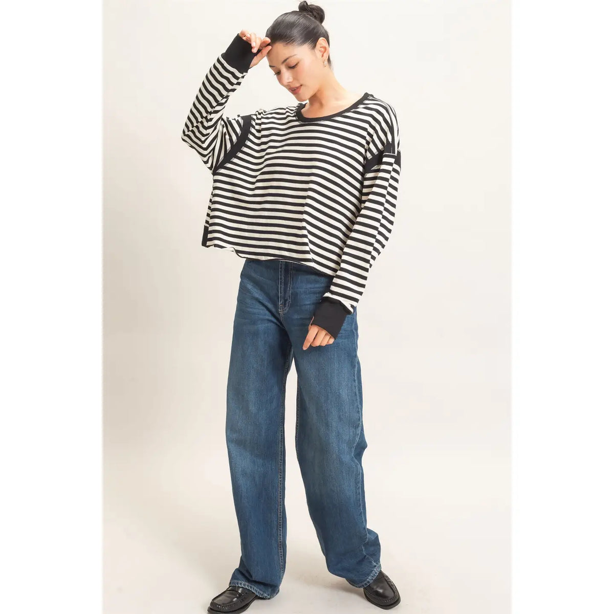Black & White Striped Long Sleeve Open Back Top