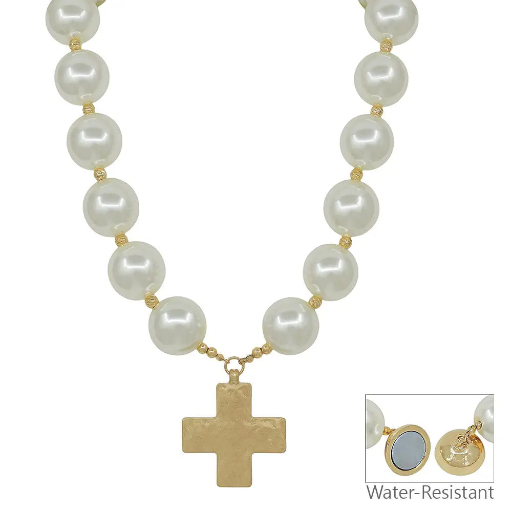 Pearl Beaded with 1.5" Cross Charm Necklace