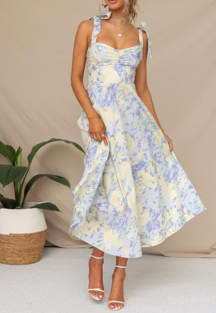 Blue Pastel Floral Sweetheart Midi Dress