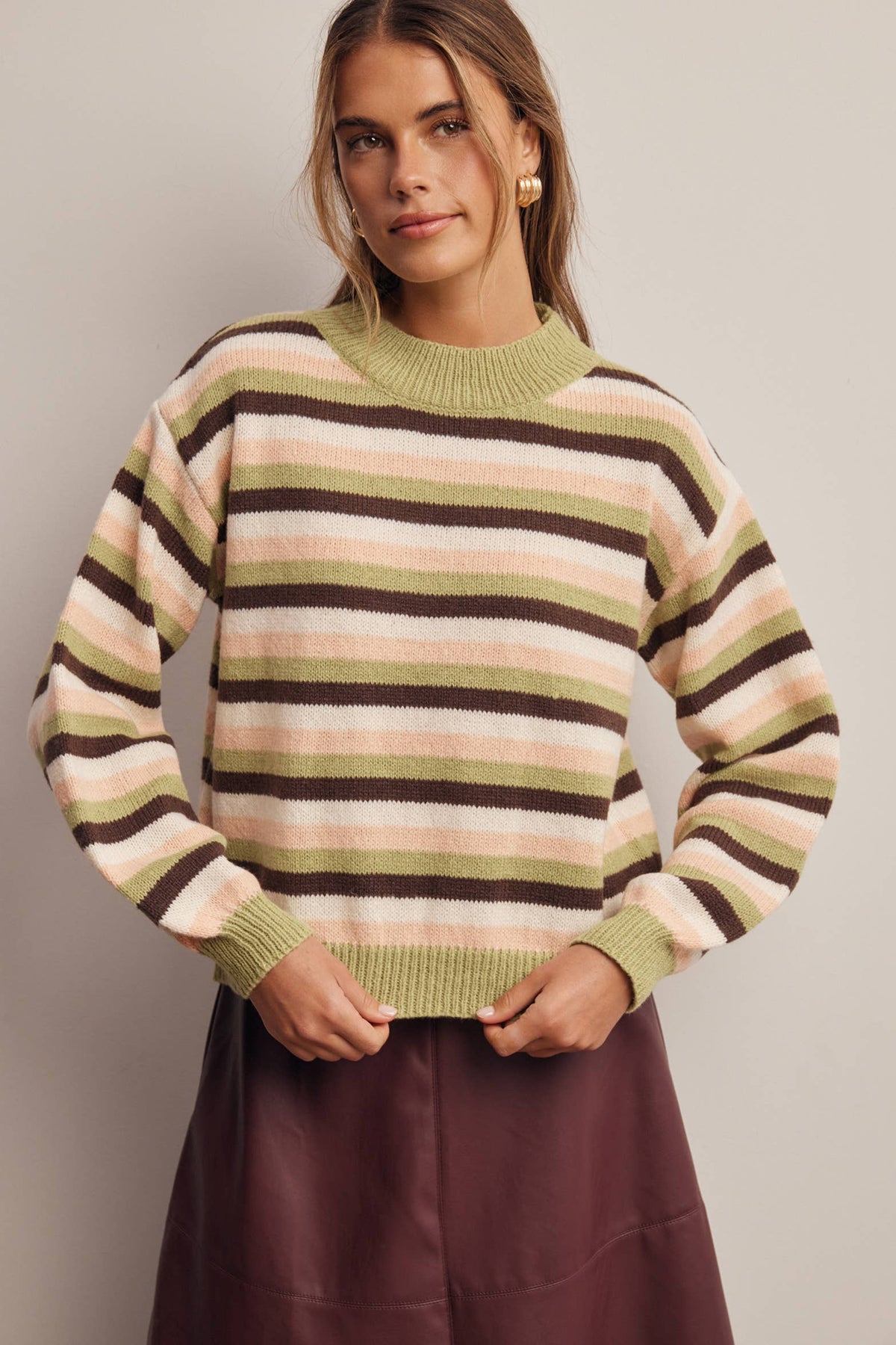Green, Pink & Brown Stripe Knit Sweater