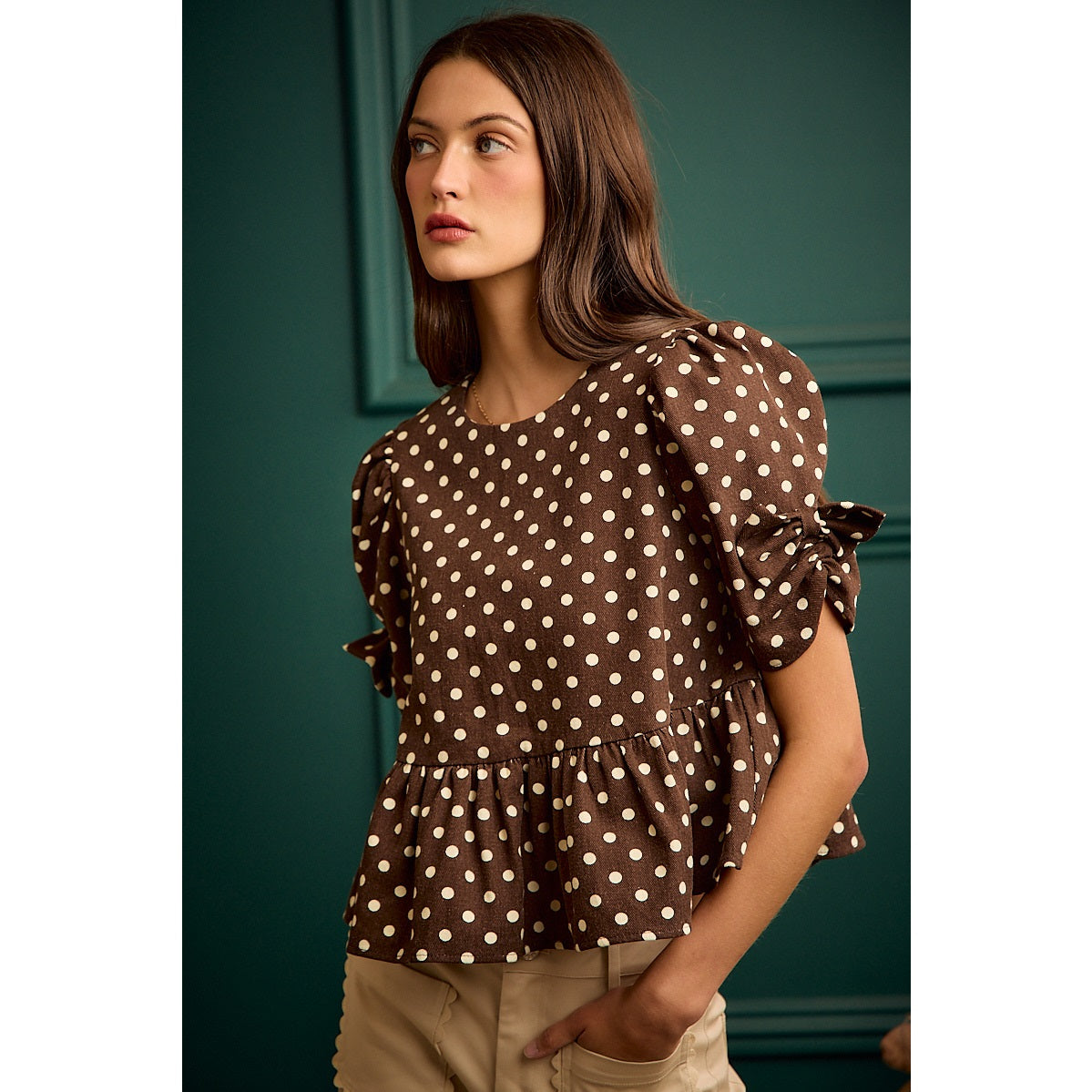 Polka Dot Bow Detail Short Sleeves Peplum Top
