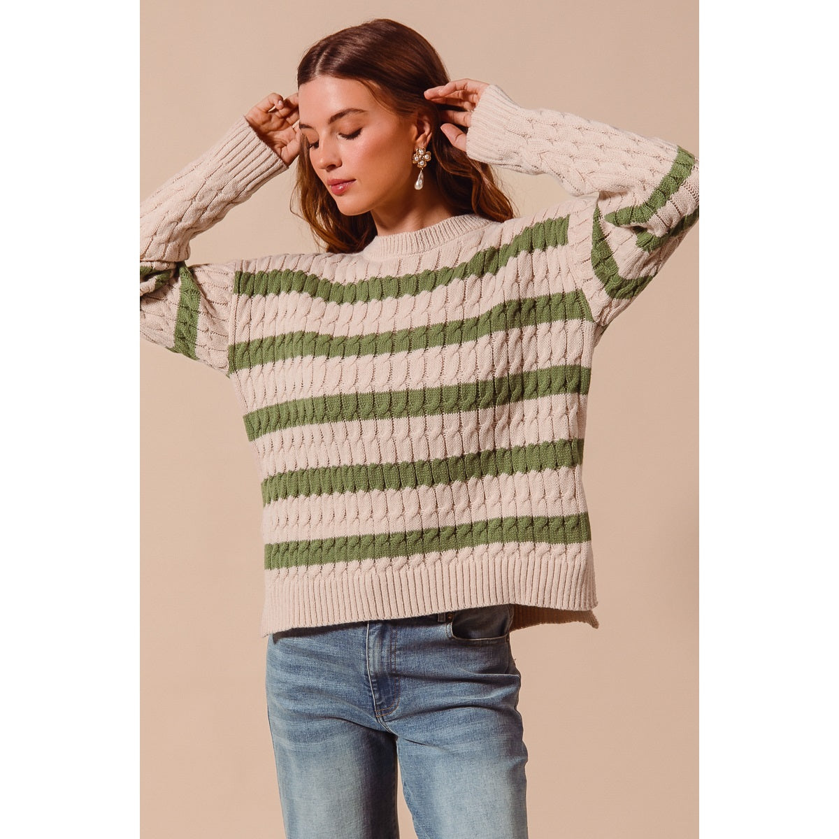 Stripe Cable Knit Sweater Top with Side Slits