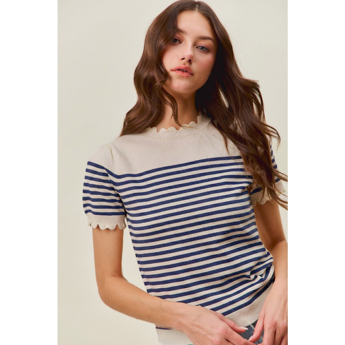 Blue/White Stripe Sweater Weaved Lightweight Casual Top