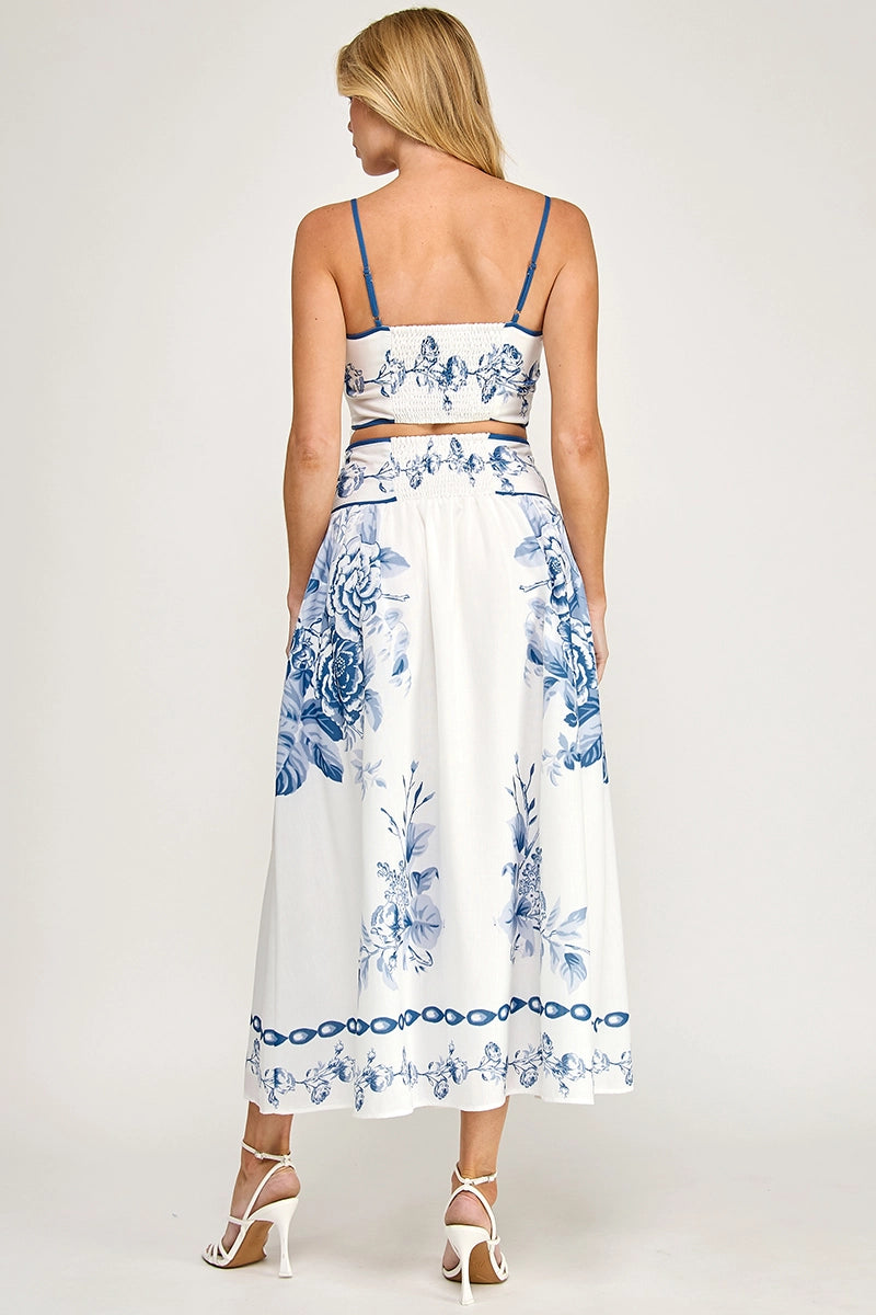 Linen Straps Smocking Top Maxi Pockets Skirt Set