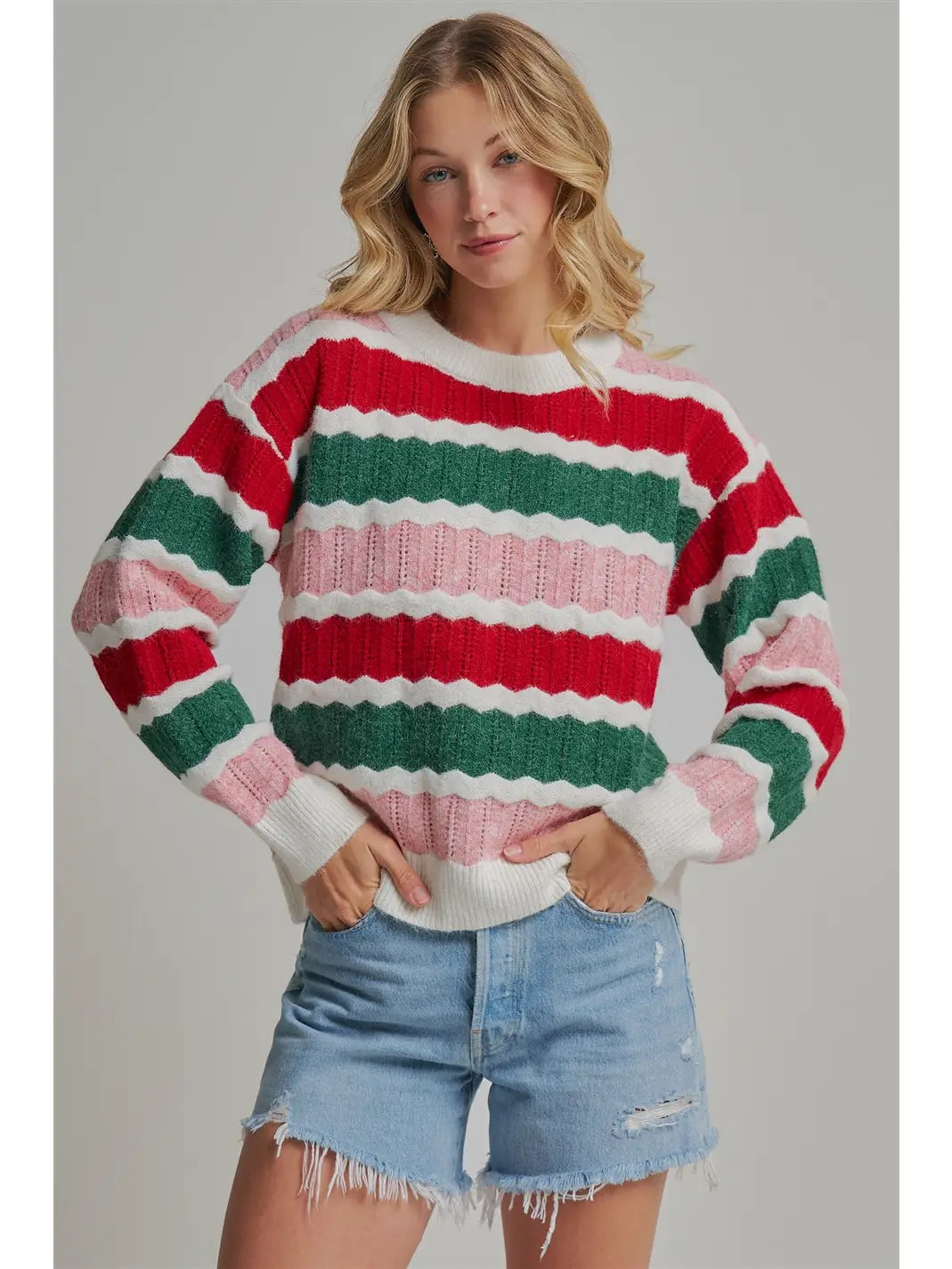 Holiday Christmas Textured Stripe Sweater