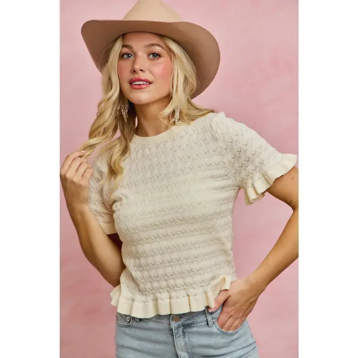Cream Pointelle Knit Ruffled Sweater