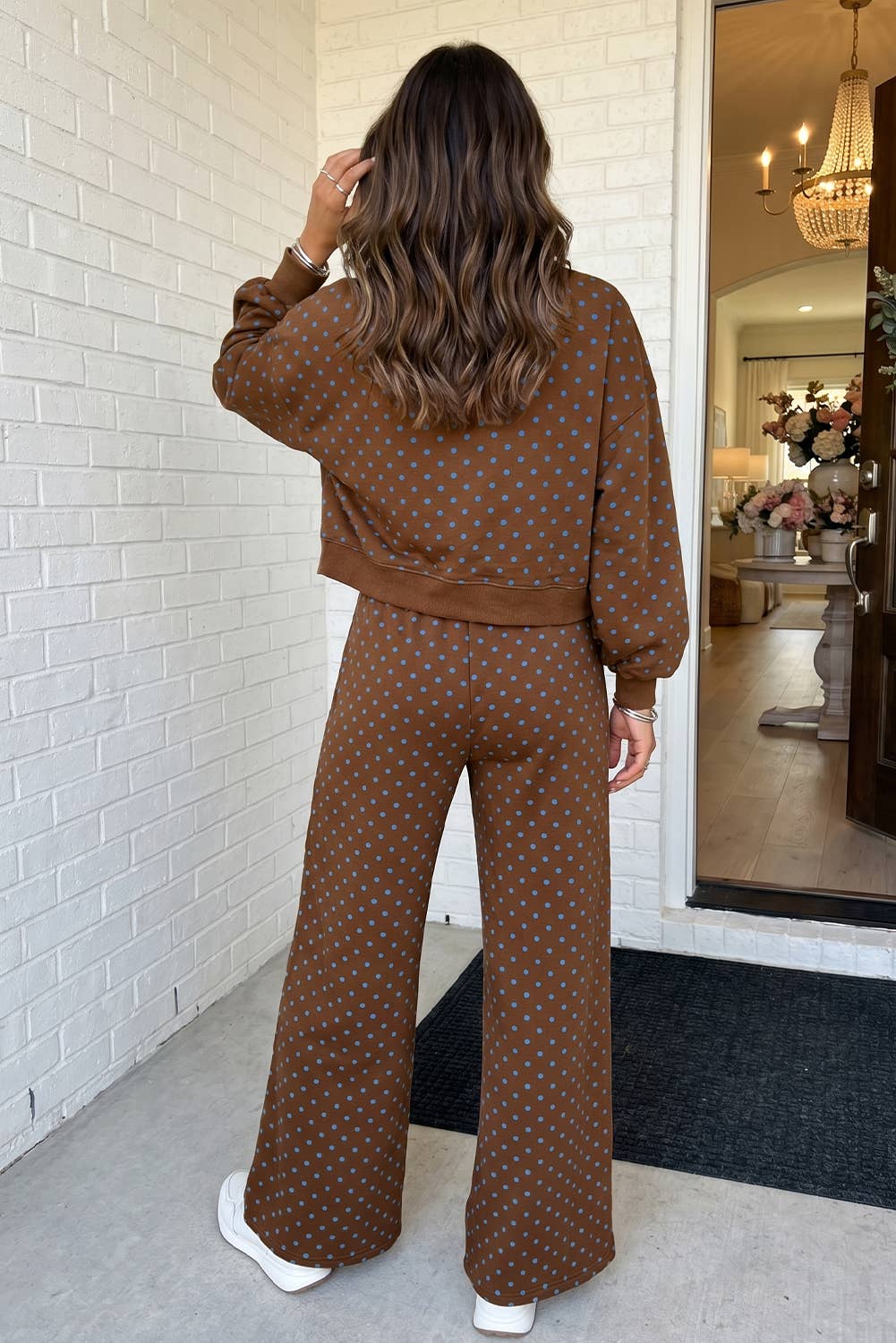 Brown and Blue Polka Dot Casual Shift Drawstring Pants Set