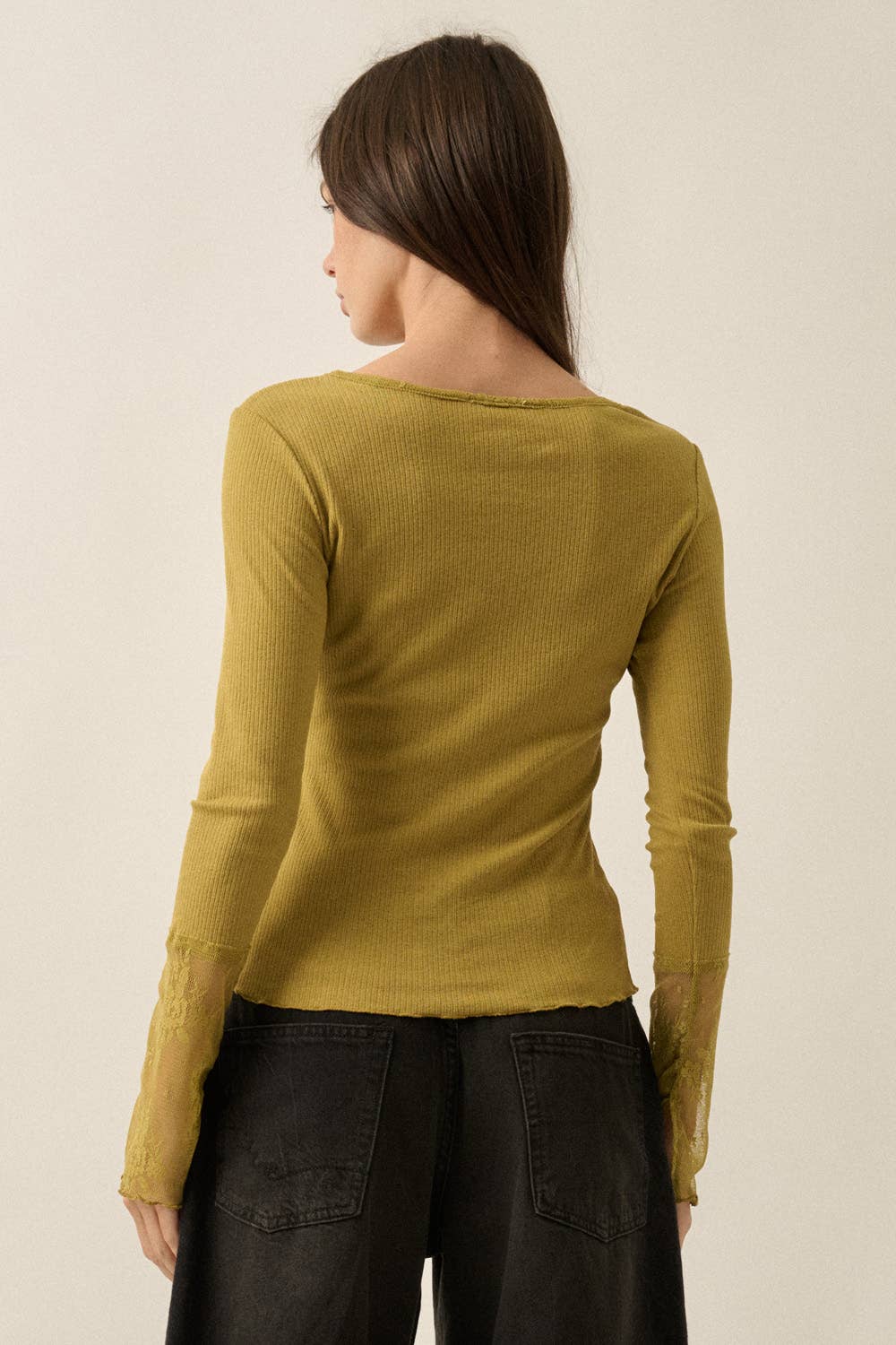 Moss Green Solid Ribbed Knit Long Sleeve Lace Cuff Fitted Top