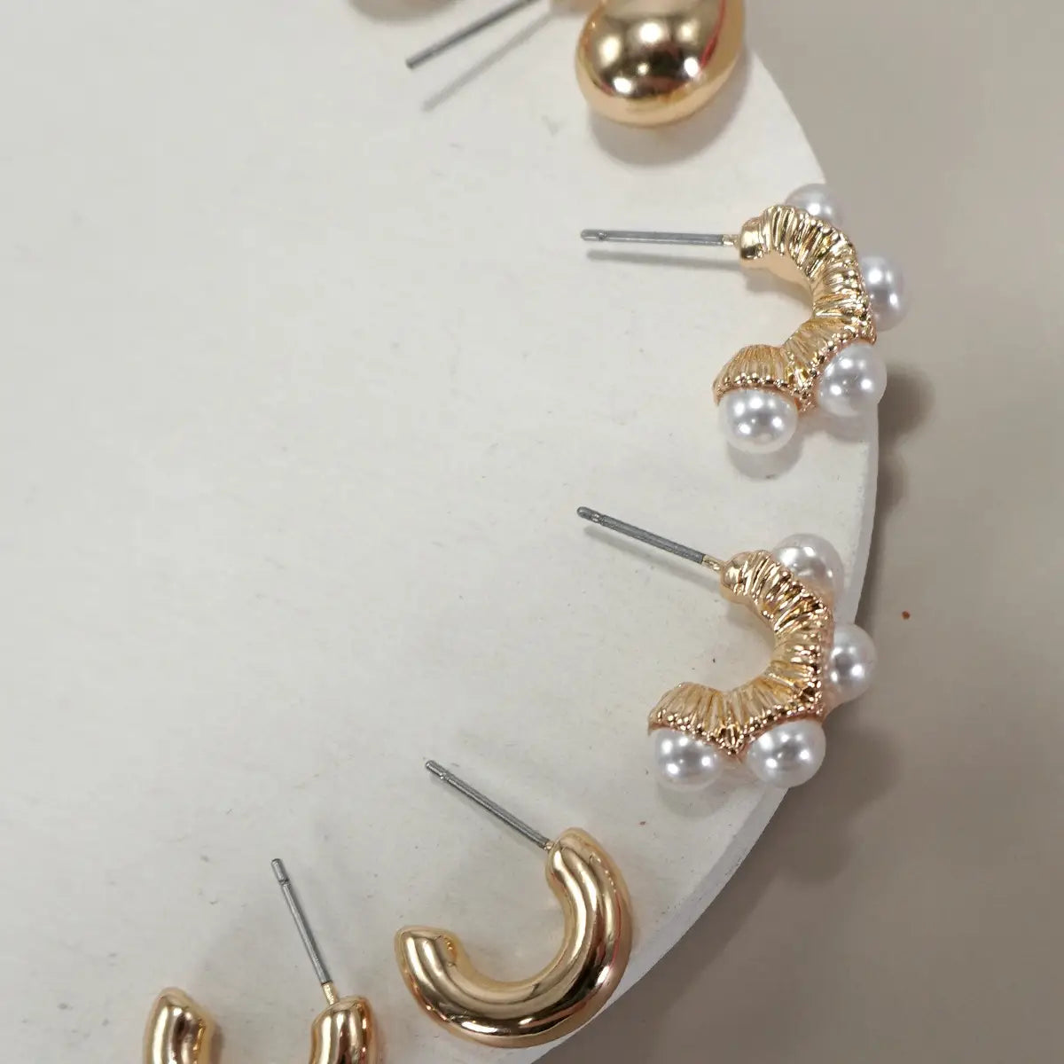 Gold and Pearl Huggie Hoop Trio Earring Set