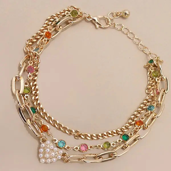 Gold Pearl Heart Multi Stone Layered Bracelet