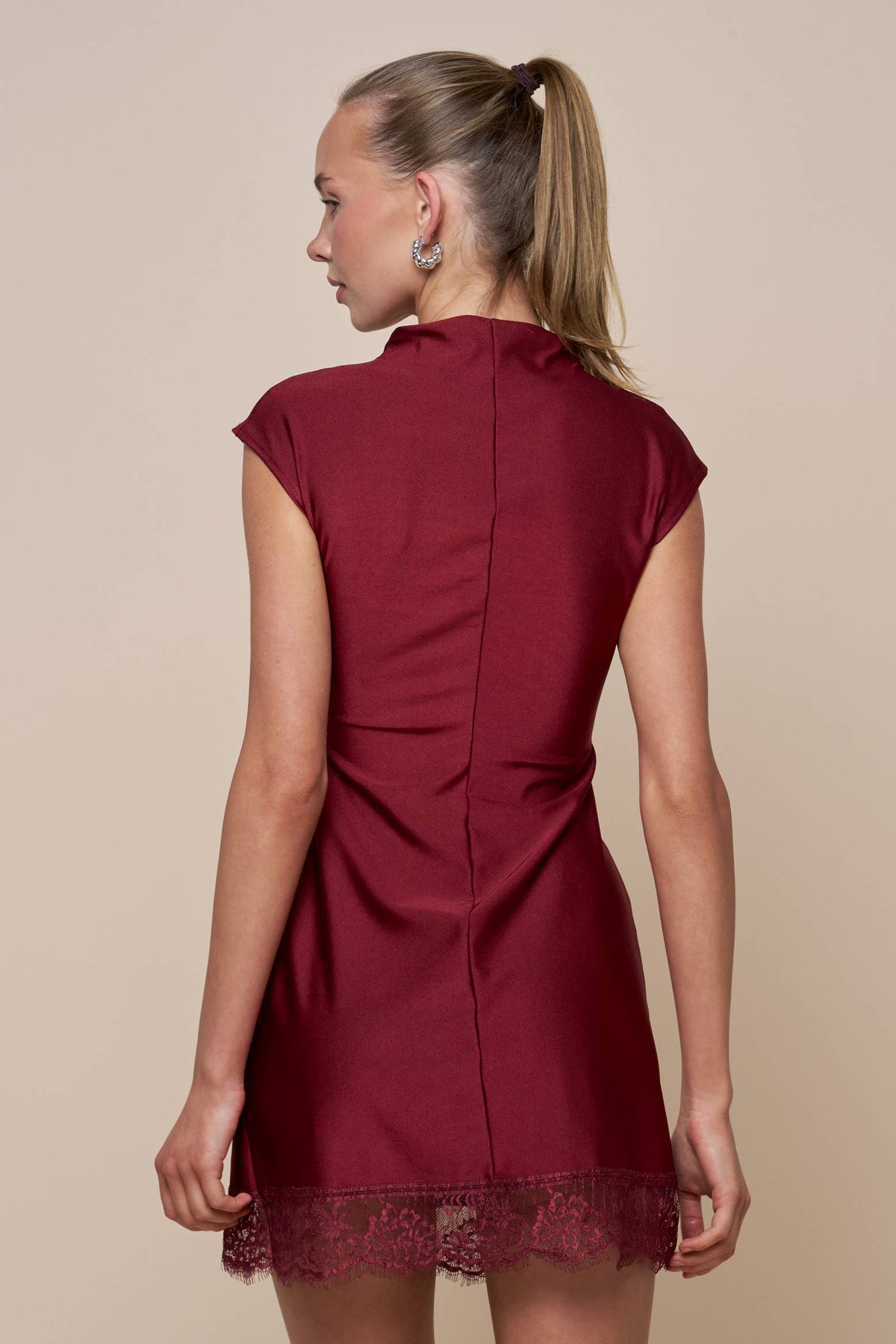 Burgundy Lace Hem Mock Neck Mini Dress