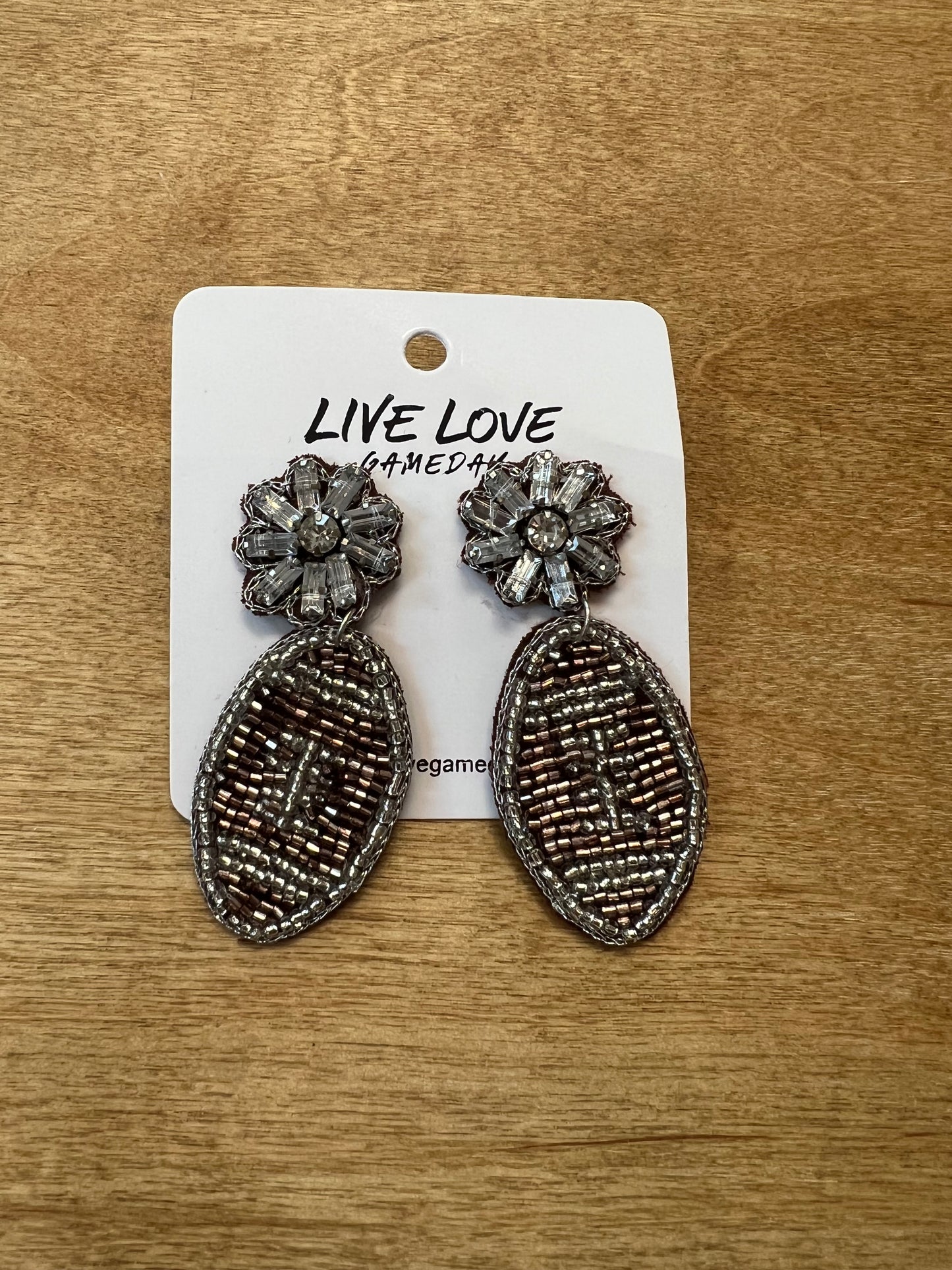 Silver/Brown Football Beaded Earrings