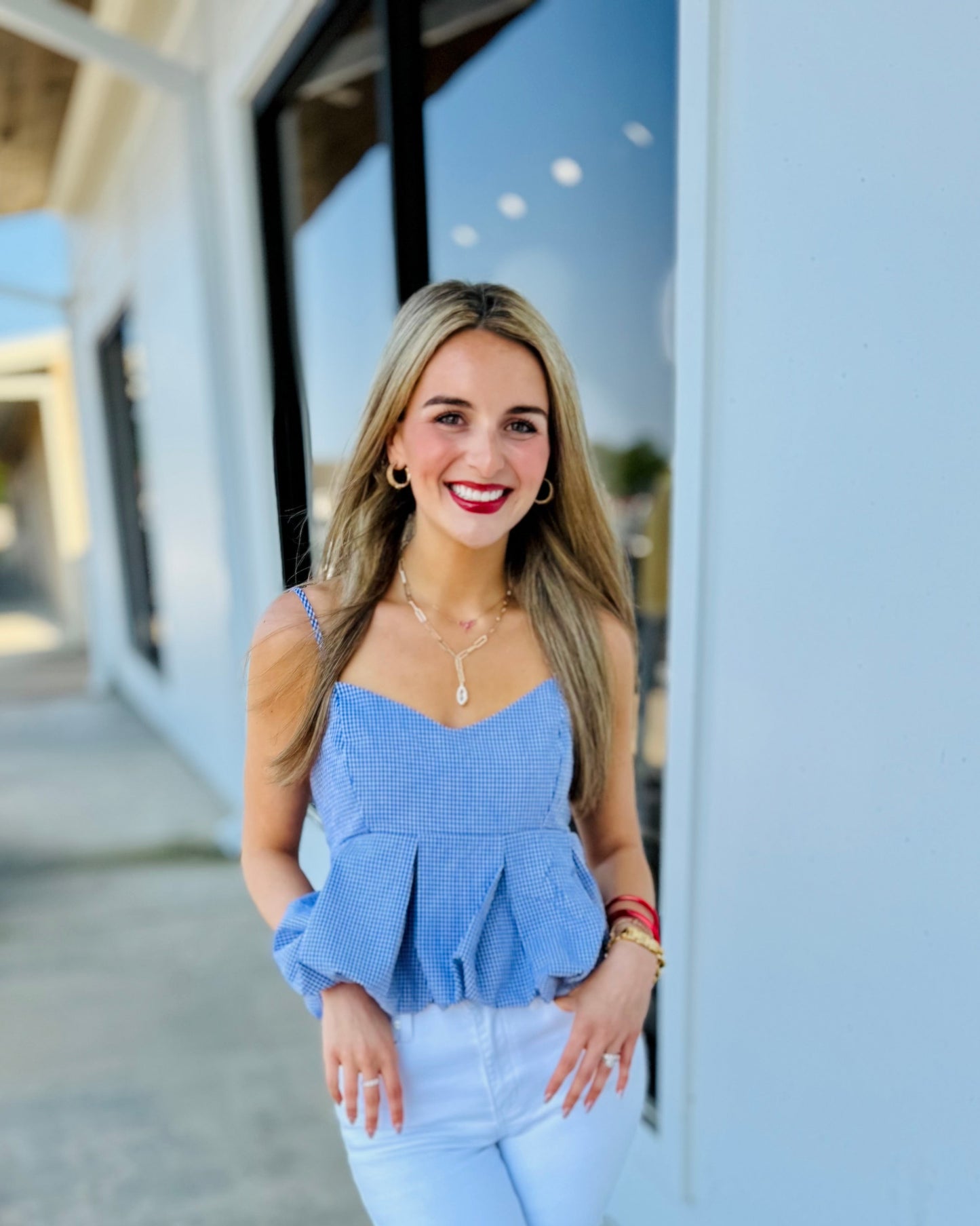 Blue Gingham Bubble Hem Top