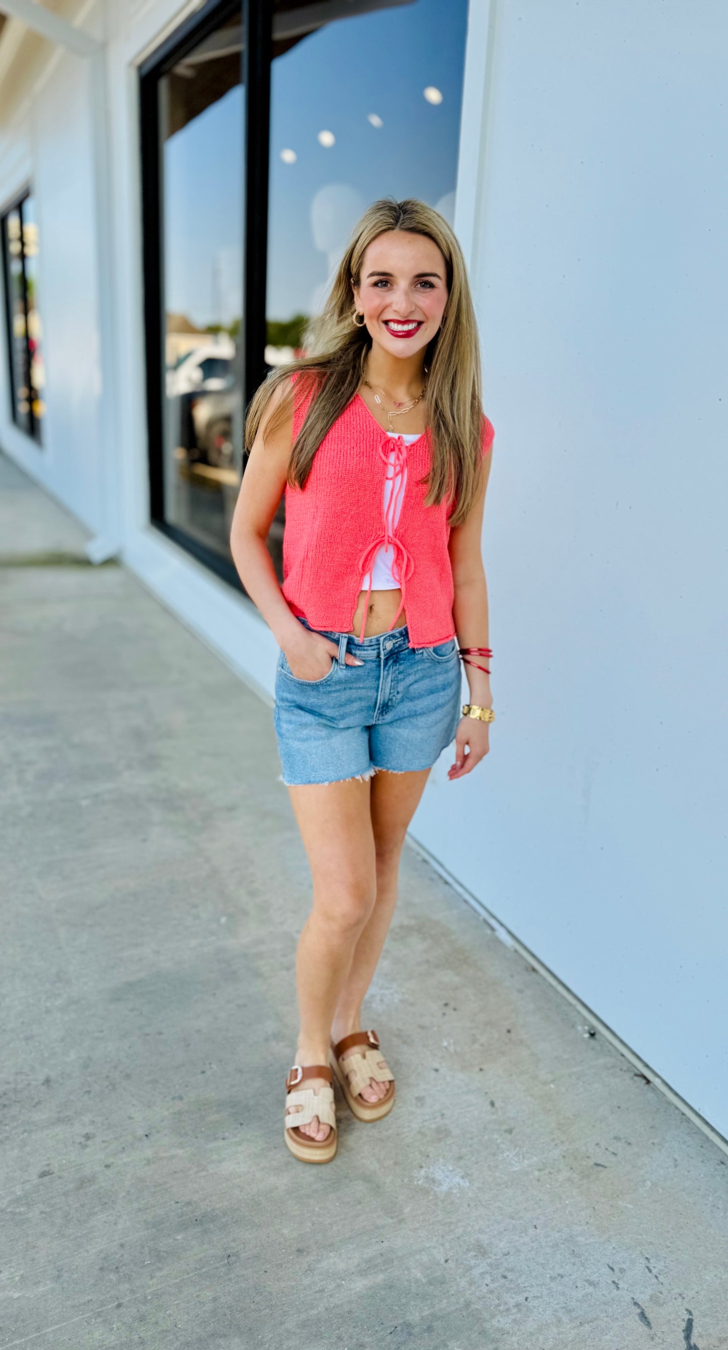 Coral Lace Up V-Neck Sweater Vest