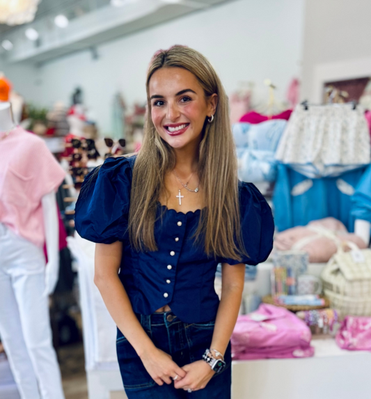 Navy Solid Top with Pearl Buttons