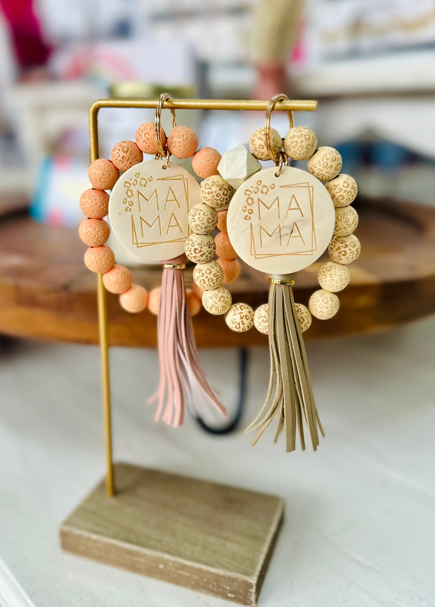 Wooden Bead Leopard Mama Keychain Wristlet