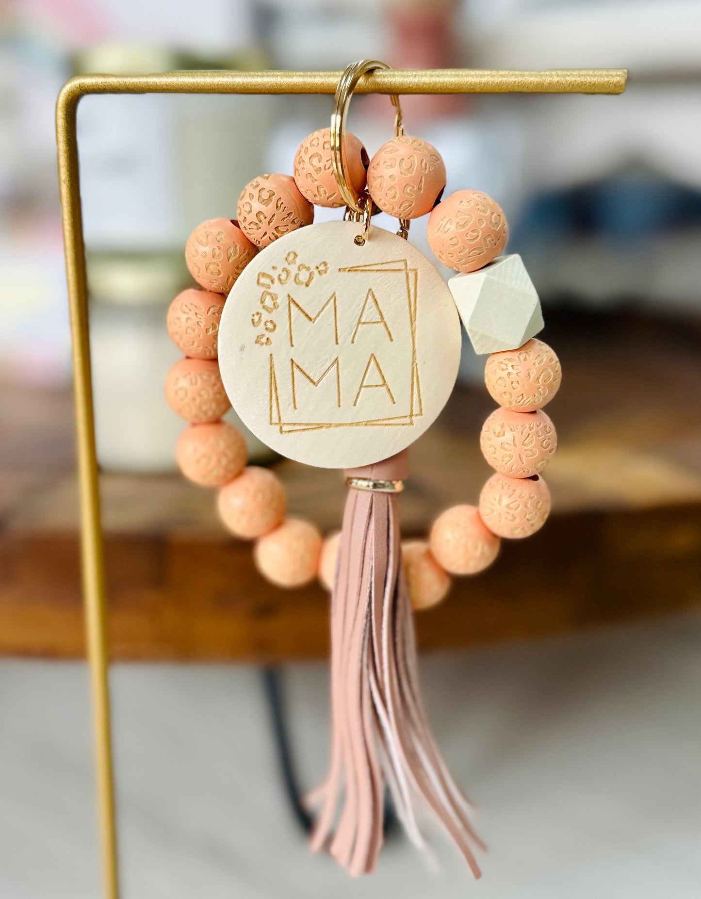 Wooden Bead Leopard Mama Keychain Wristlet