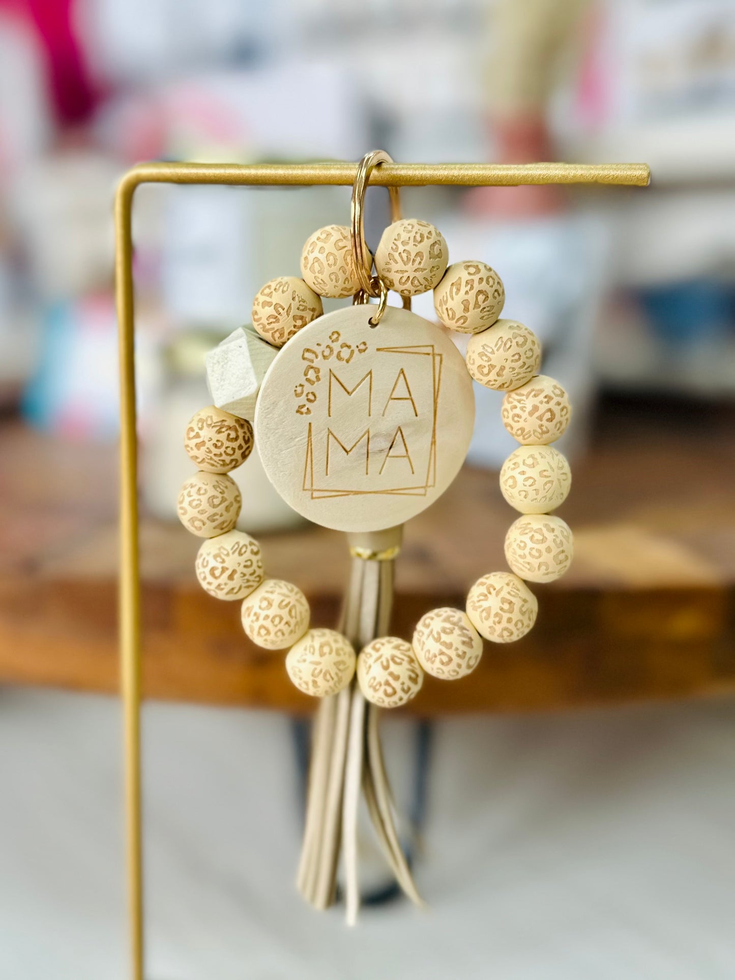 Wooden Bead Leopard Mama Keychain Wristlet