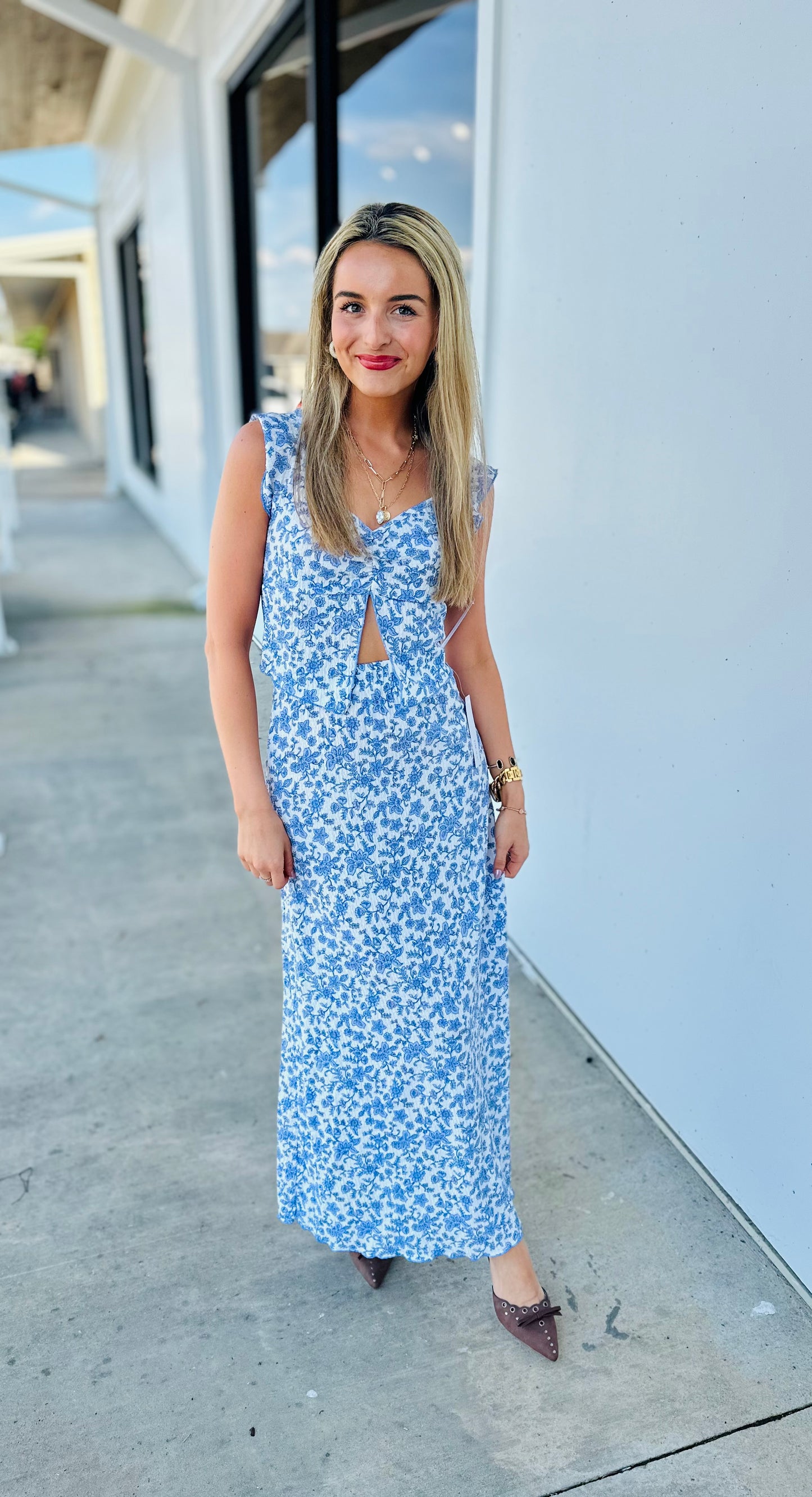 Ivory/Blue Lettuce Trim Maxi Skirt