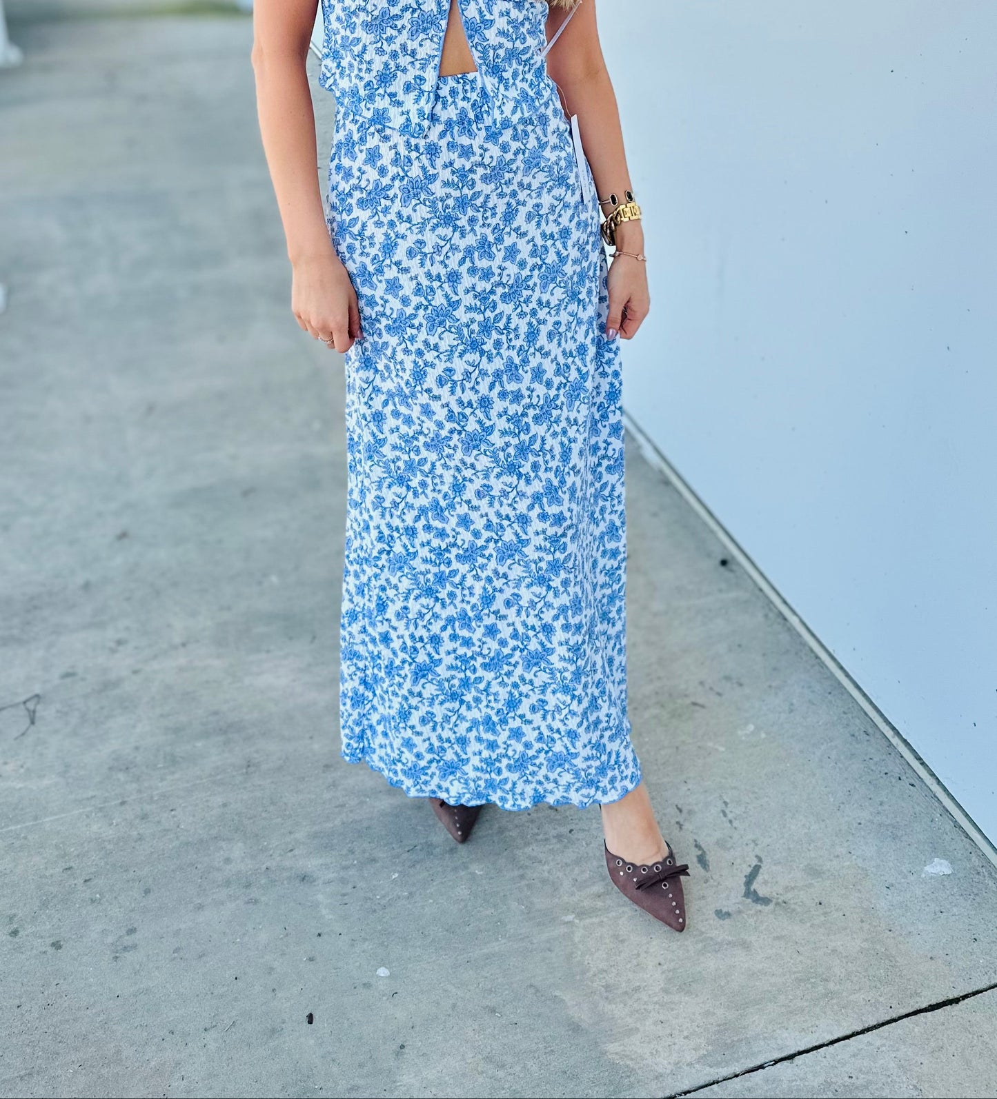 Ivory/Blue Lettuce Trim Maxi Skirt