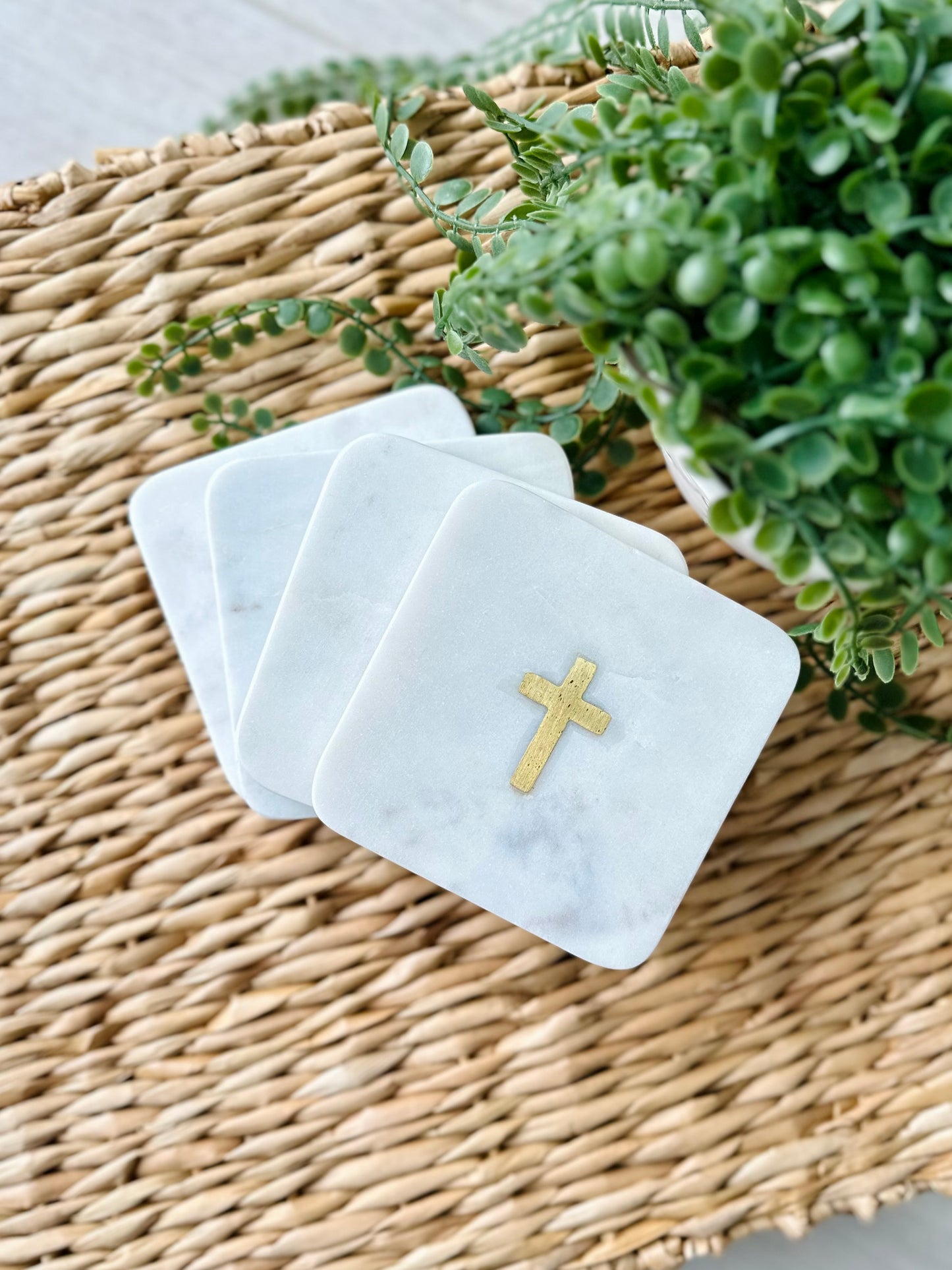 Marble Square Coaster Set With Brass Cross