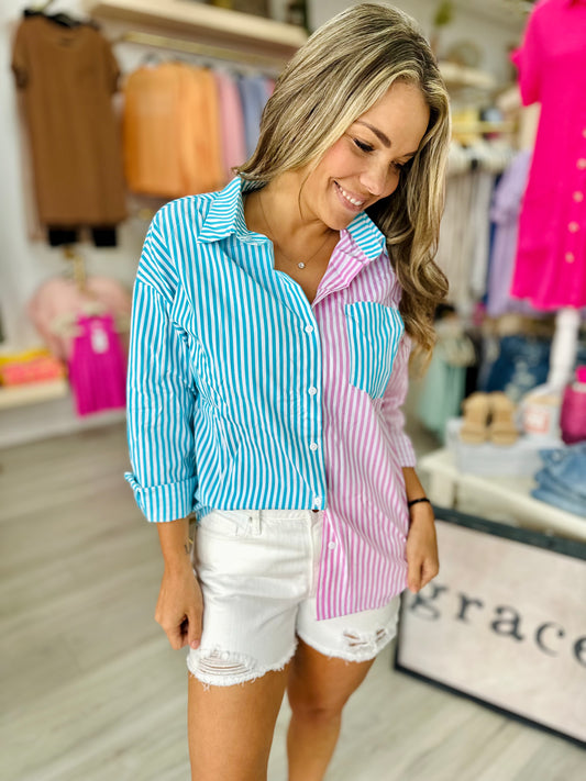 Teal and Pink Striped Button Down Top