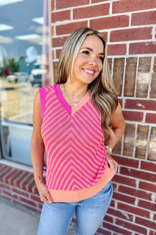 Pink Contrast Sleeveless Knit Sweater Top