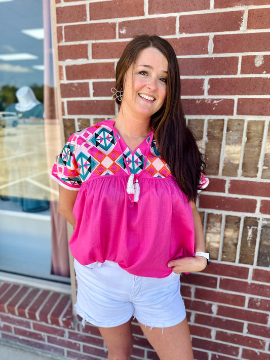 Pink Geometric Embroidered Blouse